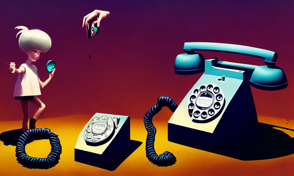 Surreal artwork featuring girl, floating hand, pill, and rotary phones