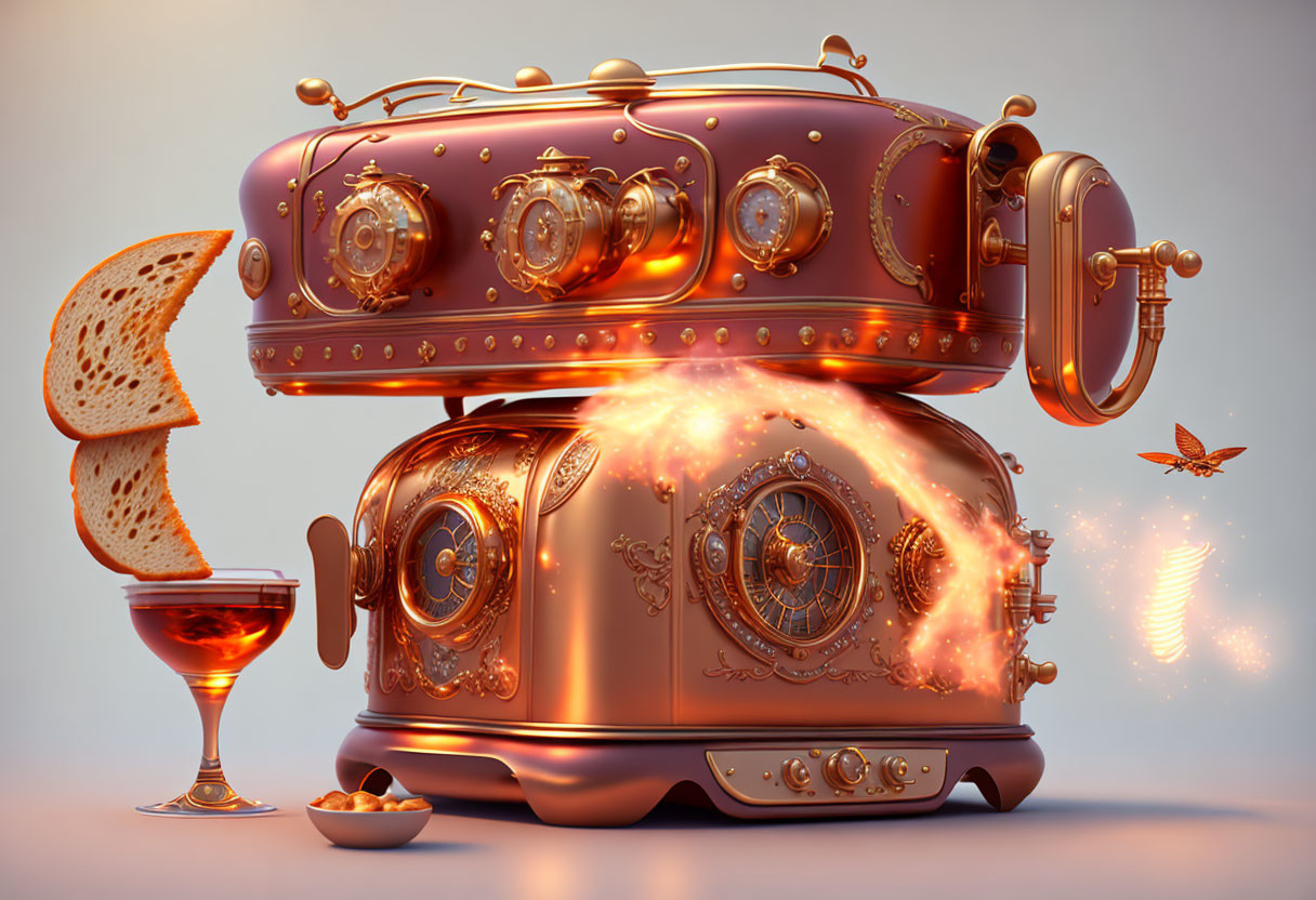 Steampunk-themed toaster ejects glowing toast with sparks and fluttering butterfly.