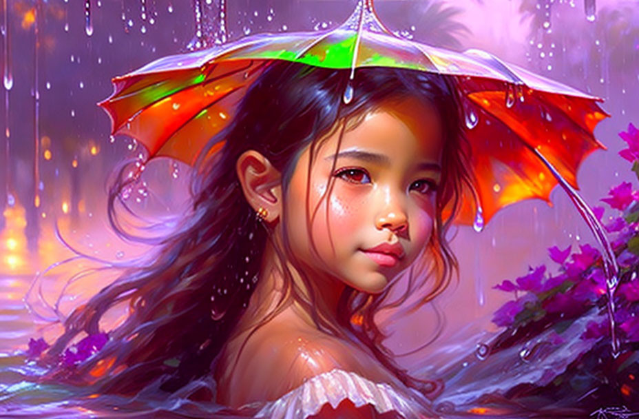 Colorful digital painting: young girl with umbrella in rain