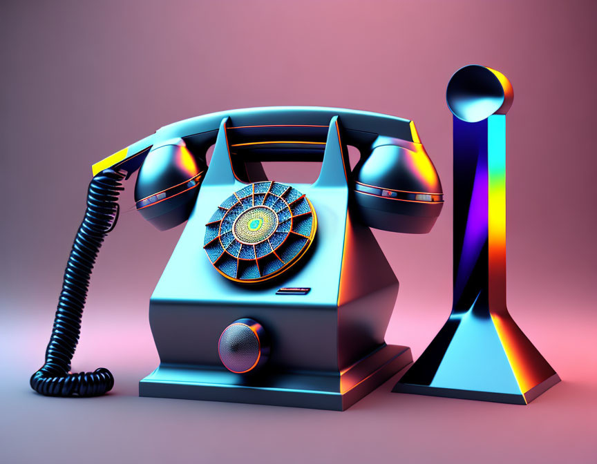 Retro-futuristic iridescent telephone on gradient background with abstract shape