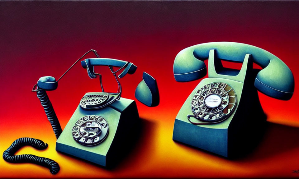 Vintage telephones with exaggerated features on gradient background, one receiver off hook with surreal drip.