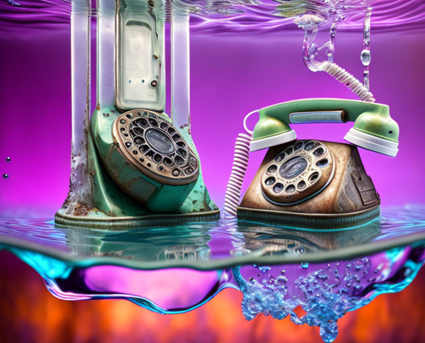 Vintage Rotary Phones Submerged in Swirling Water with Droplets