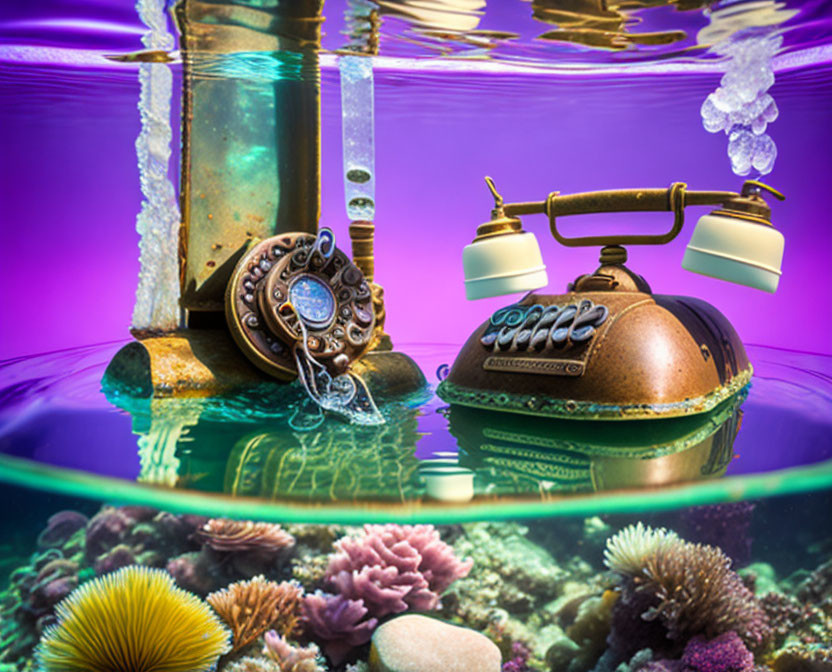 Surreal underwater scene with vintage telephone, fish receivers, coral reef, clock