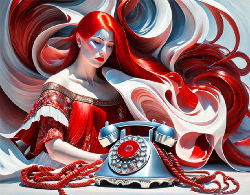 Surreal image of woman with red hair merged with swirling red and white patterns