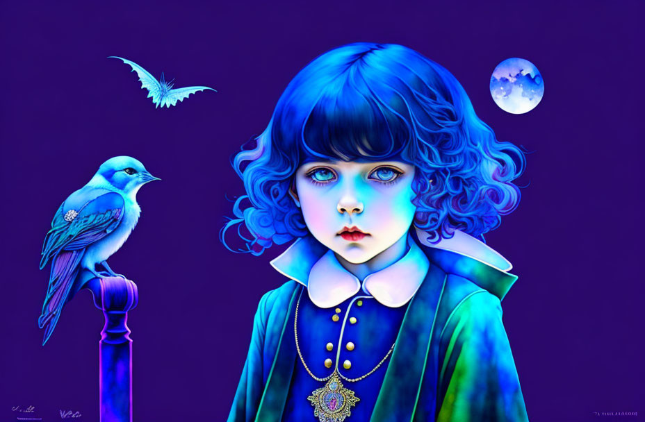 Vivid digital painting: girl with blue hair and eyes, bluebird, bat, moon on purple