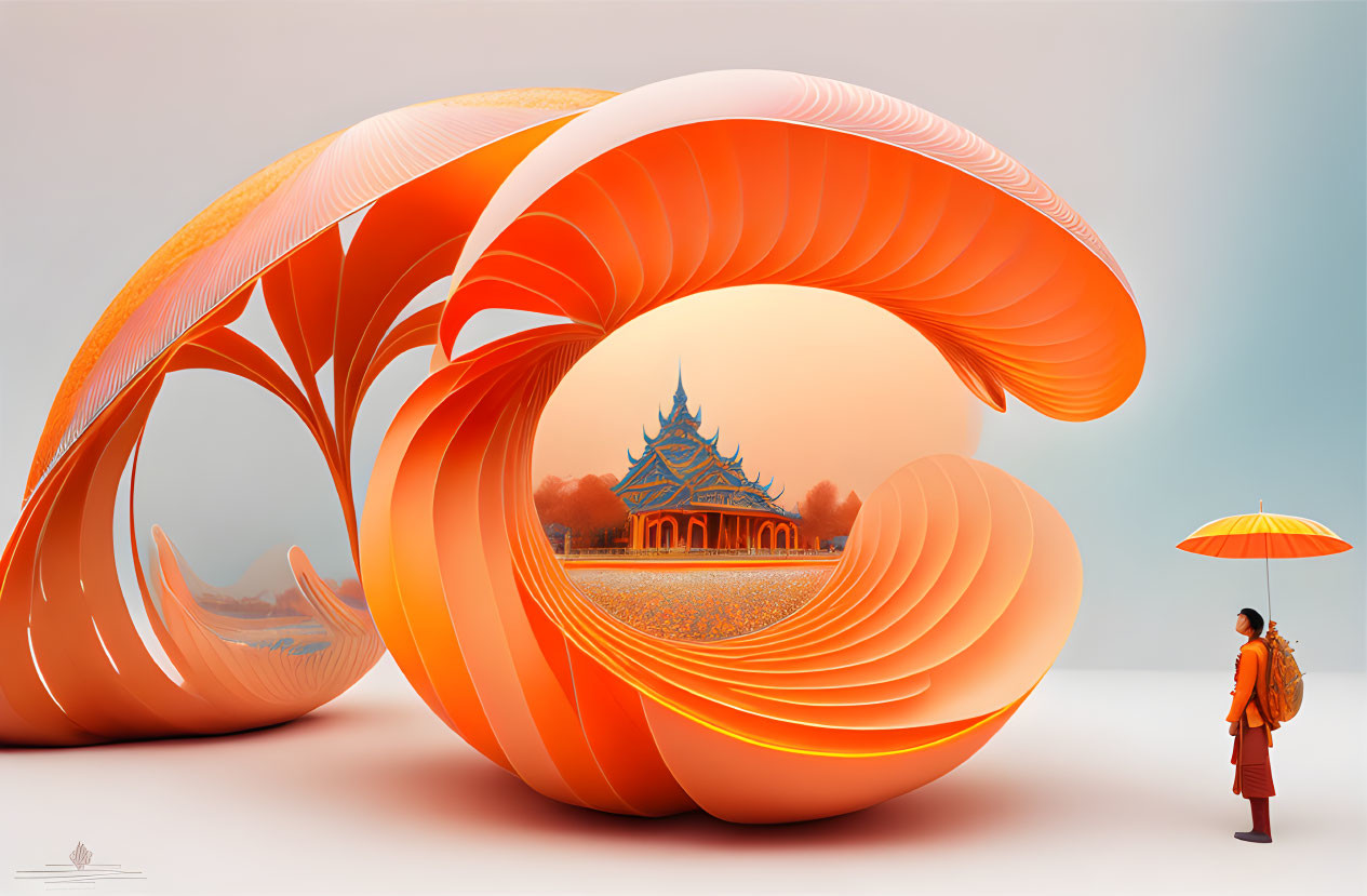 Illustration of person with umbrella by orange wave and temple