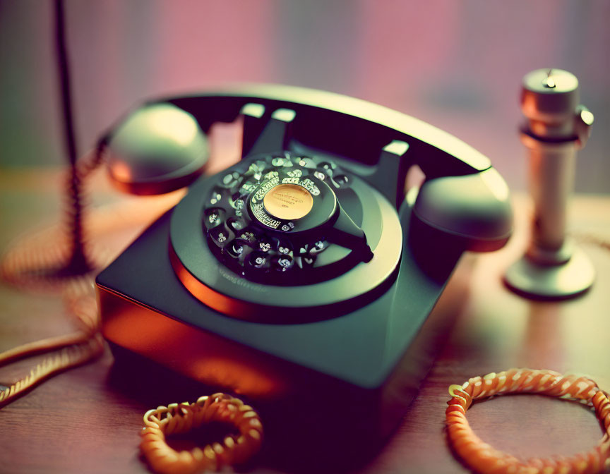 Classic Black Rotary Phone on Wooden Surface with Coiled Cord