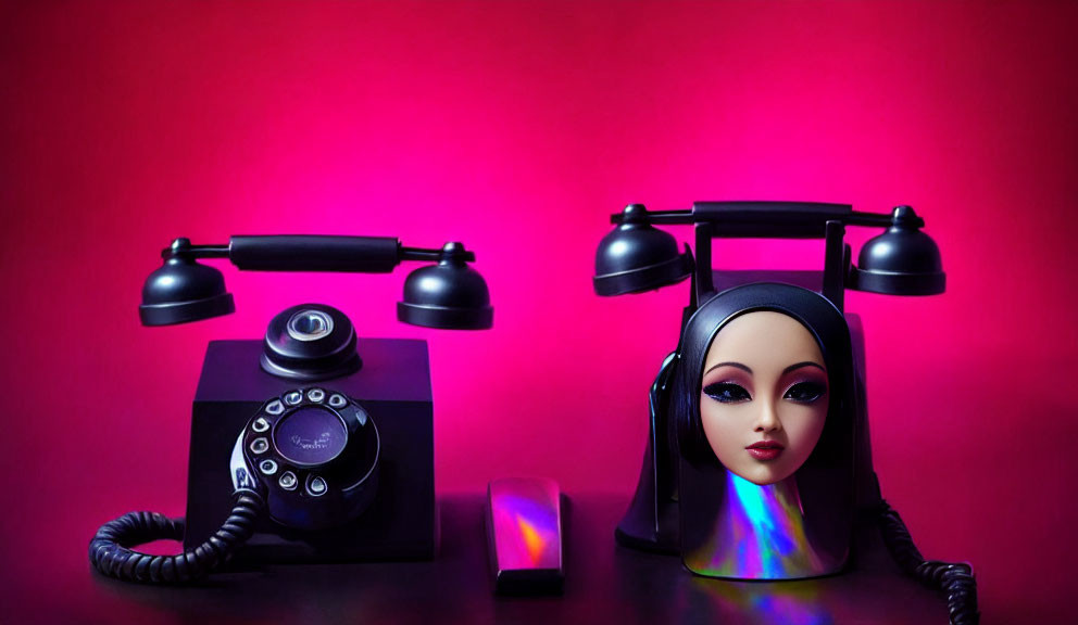 Vintage rotary phone and mannequin head with headset on pink backdrop showcase technology and fashion contrast.