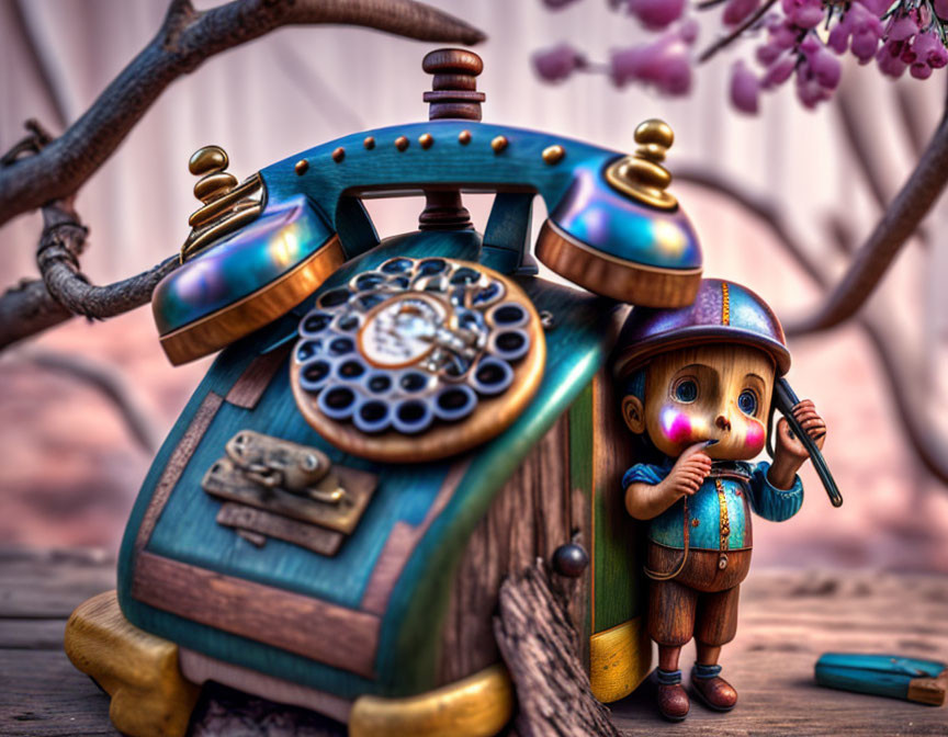 Vintage telephone and wooden puppet with cherry blossoms background.