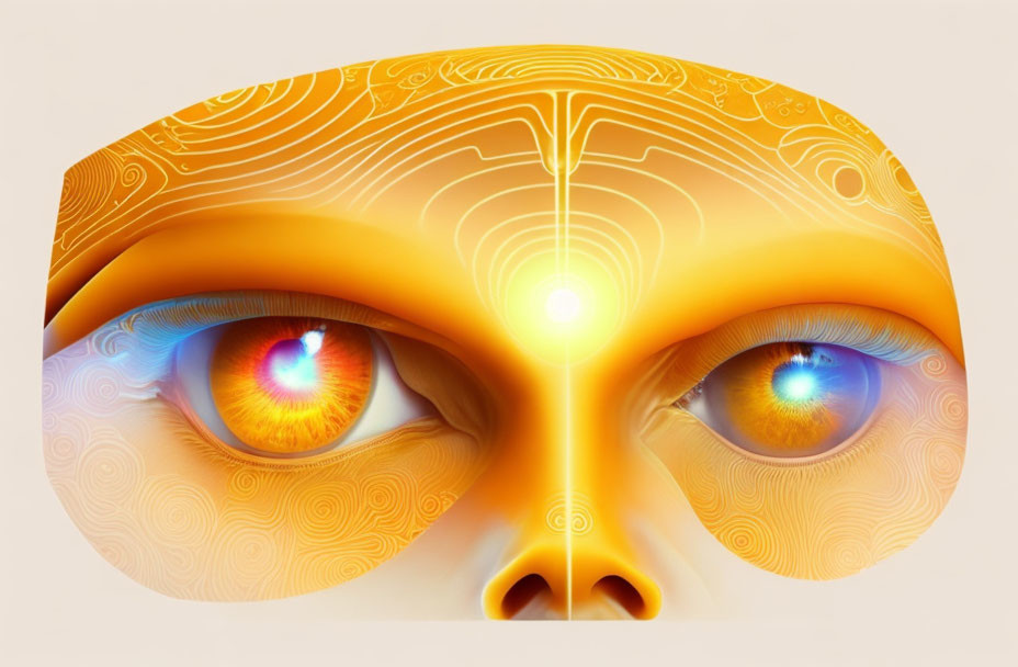 Colorful abstract face with vibrant eyes on golden background & intricate patterns