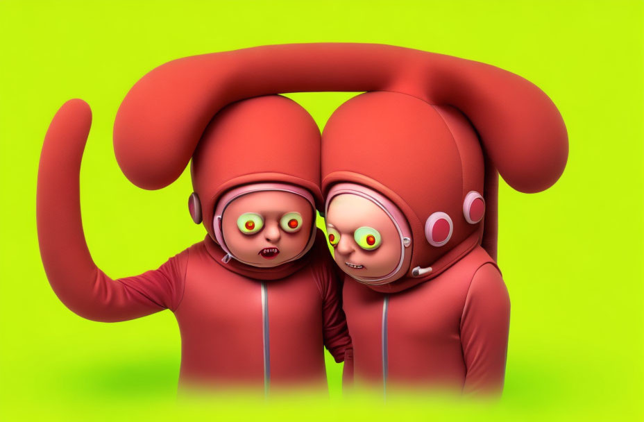 Red-suited animated characters with elongated ears and large green eyes on bright green background