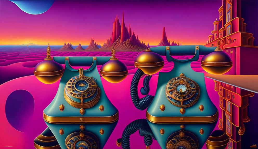 Surreal pink-purple landscape with ornate mechanical structures and grand castle against mountain backdrop