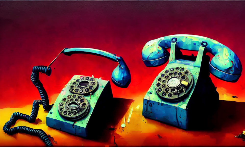 Vintage rotary dial telephones with lifted receivers on red background, altered with vibrant blue tones