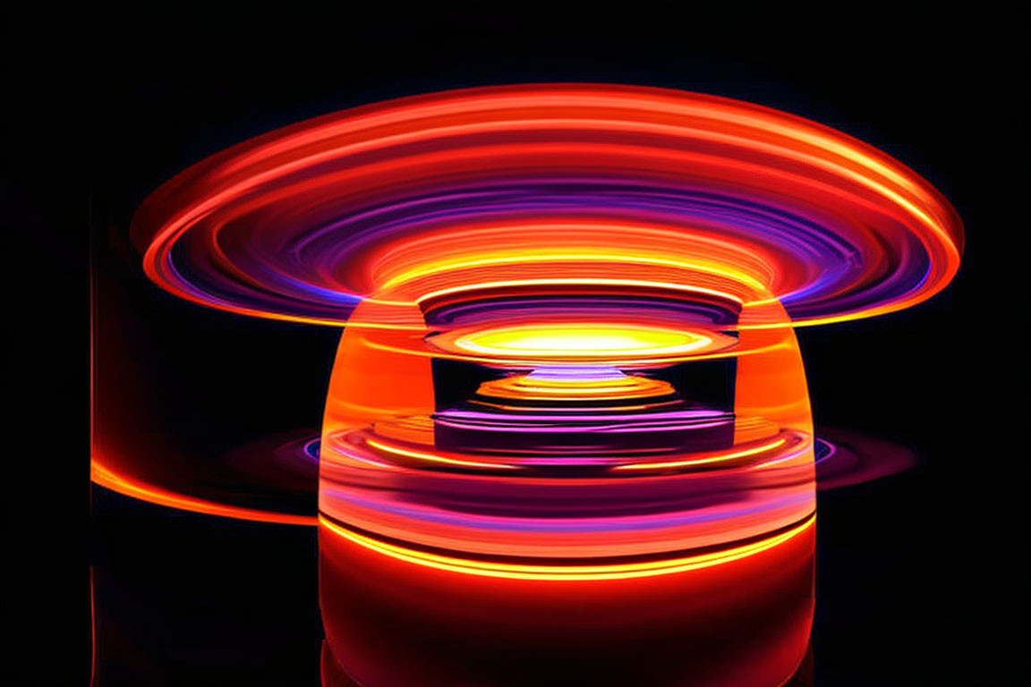 Colorful long-exposure lights form glowing concentric circles on dark background