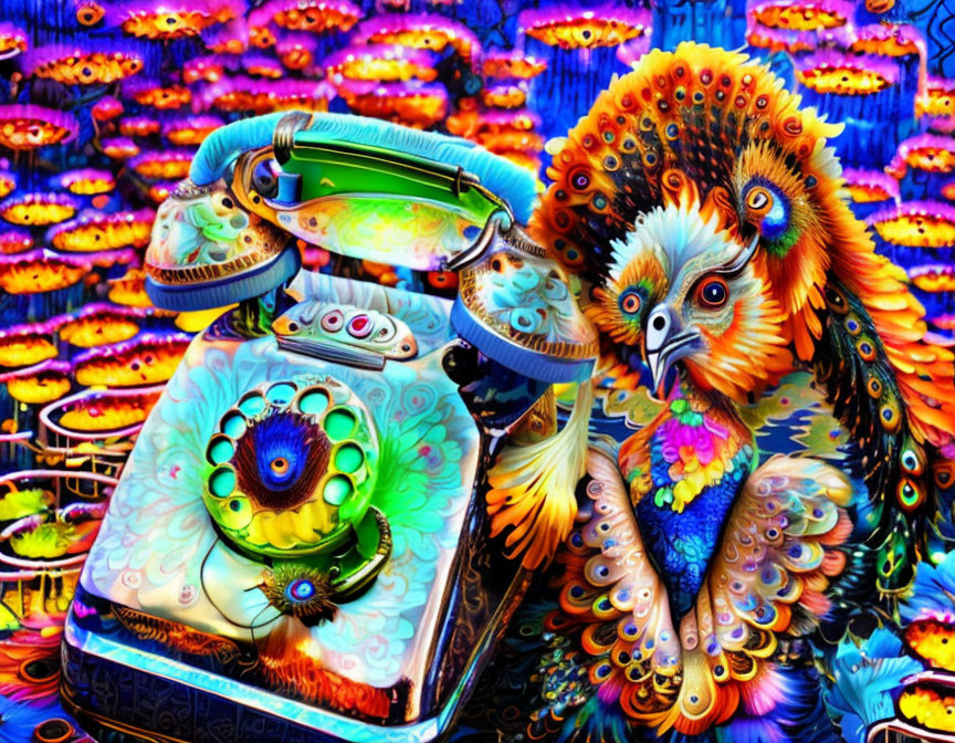 Colorful bird-like creature and rotary telephone in psychedelic image