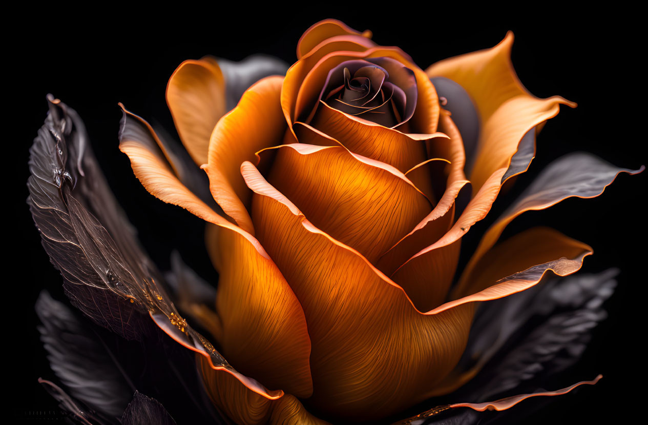 Detailed Close-Up of Orange Rose Petals on Black Background