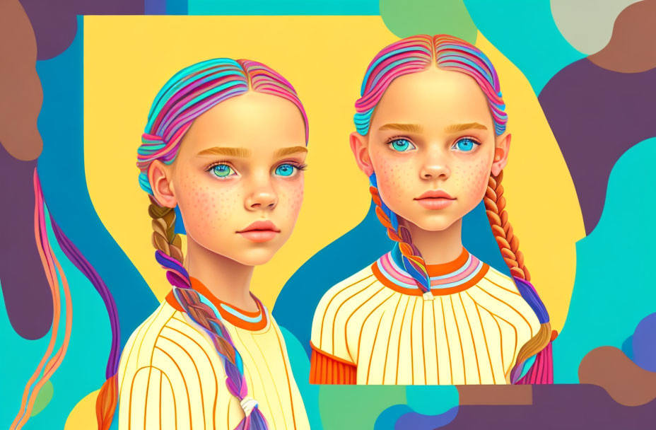 Twin girls with rainbow braided hair and freckles in matching outfits