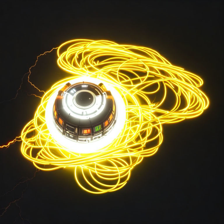 Glowing yellow neon circles spiral around device with lightning bolt