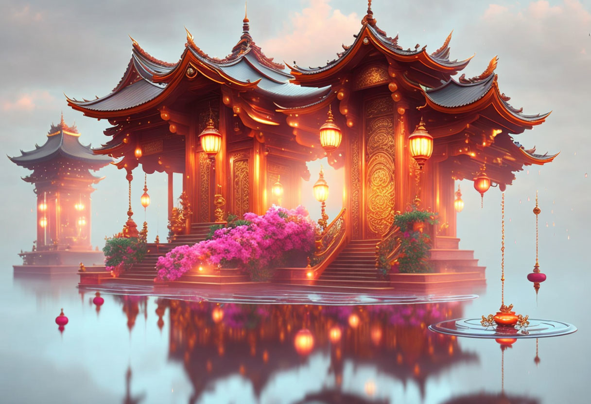 Asian-style Pavilions Amid Misty Waters and Pink Flowers