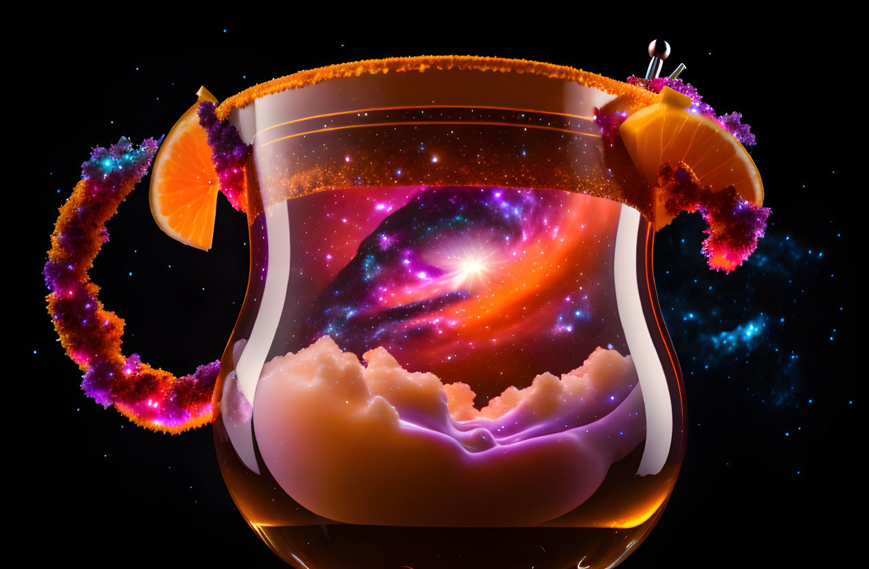 Cosmic-themed cocktail with swirling purple galaxy rim and orange slices