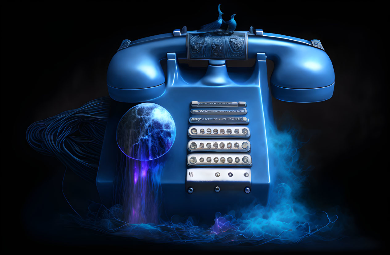 Surreal sci-fi antique phone with metallic blue tones and plasma energy