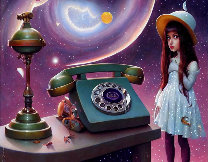 Whimsical painting of girl in space-themed dress with oversized hat, next to antique telephone and lamp