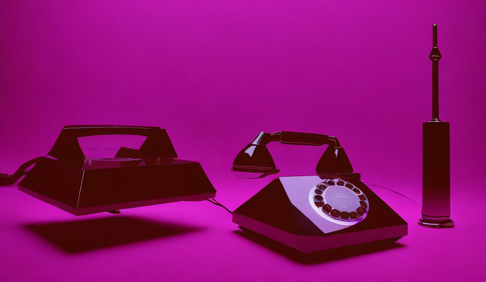 Vintage rotary telephones and antenna on a modern purple background