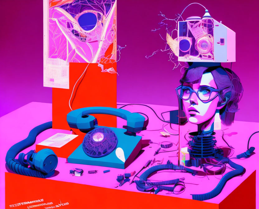 Colorful digital artwork of female figure with glasses and retro technology in abstract purple and pink hues