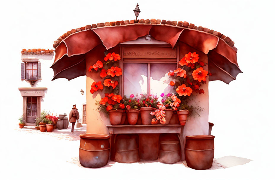 Charming illustration of a flower-adorned shop with rustic barrels and lantern