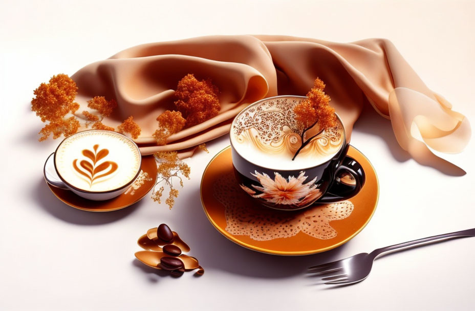 Cappuccino with Latte Art on Saucer, Coffee Beans, Drapery, and