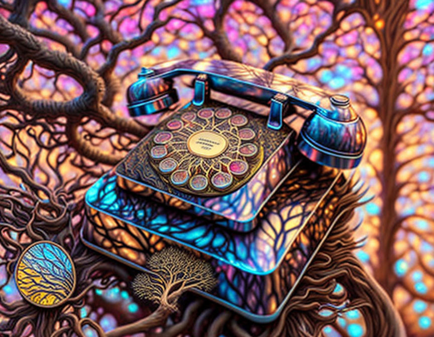 Colorful Psychedelic Illustration of Old-Fashioned Telephone and Tree-Like Structures