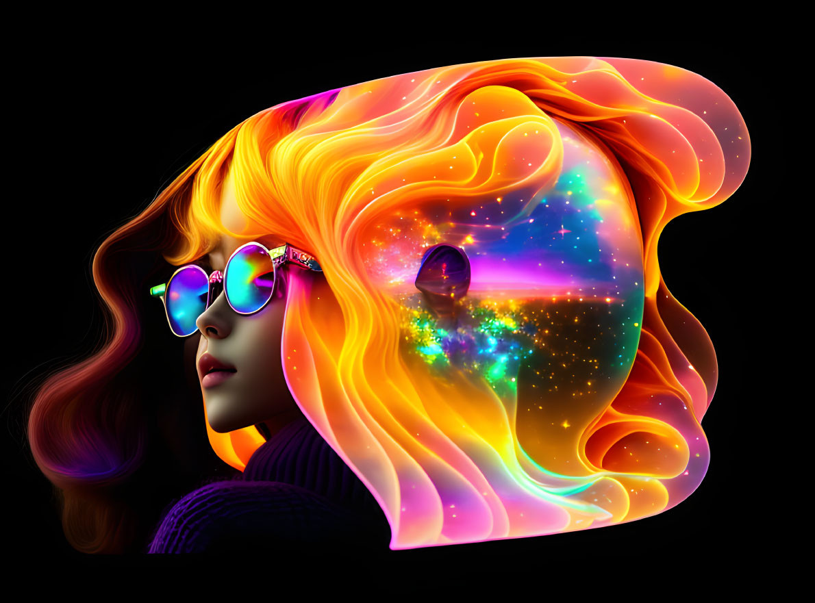 Colorful artwork: Woman with fiery hair and sunglasses in cosmic setting