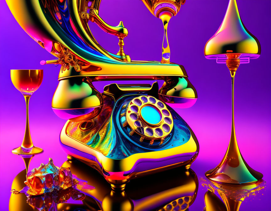 Surreal still life with melting phone, candlestick, goblet, and metallic cone shapes