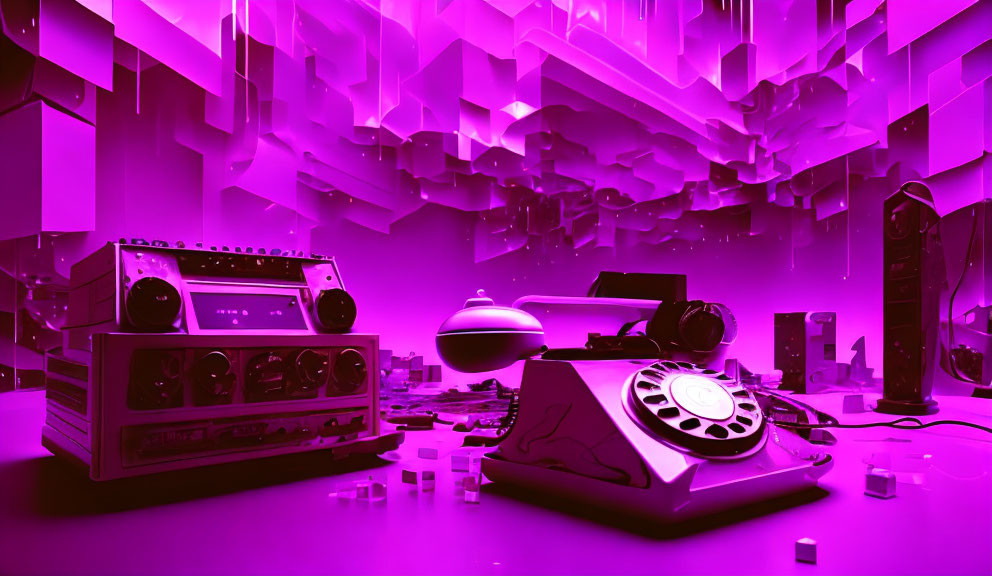 Vintage reel-to-reel tape recorder, rotary phone, and headphones on retro-futuristic pink-purple