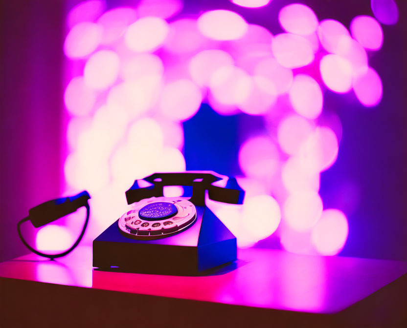 Vintage Rotary Telephone Off-Hook in Purple Light on Pink Bokeh