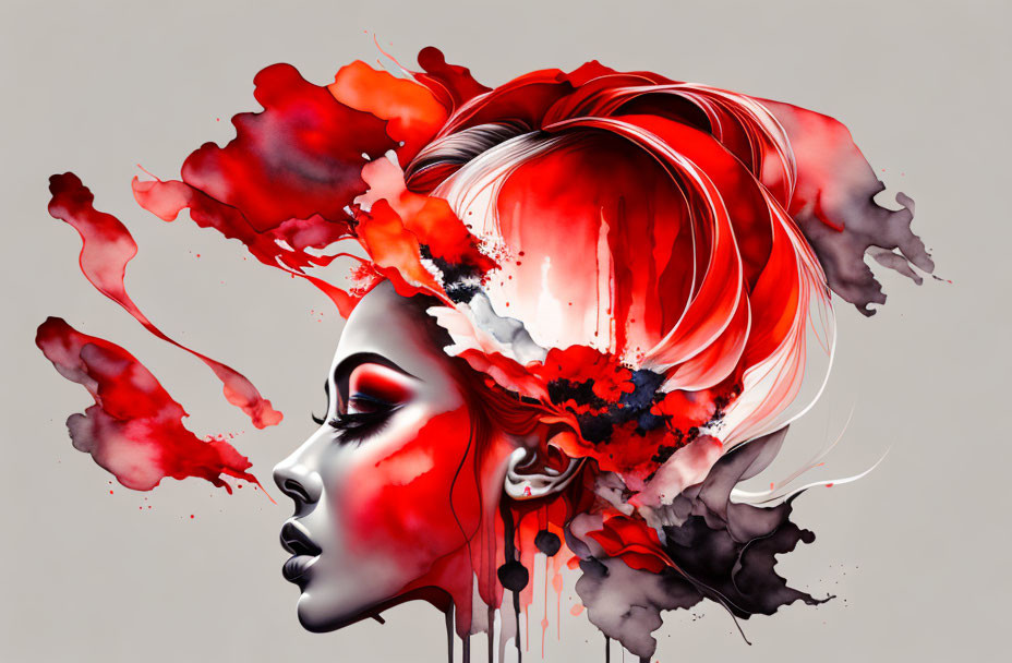 Abstract red and white paint strokes create a striking side profile of a woman