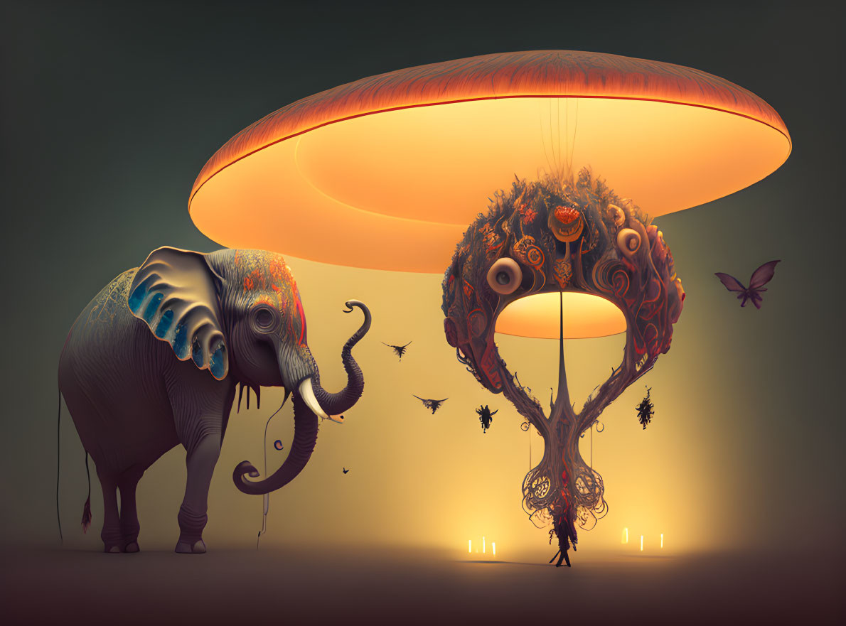 Fantastical artwork: elephant under glowing mushroom, mystical creatures, floating islands