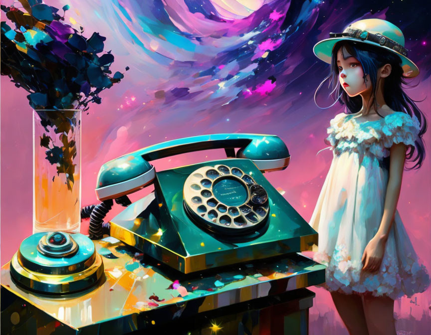 Girl in white dress next to vintage rotary phone with cosmic and floral background