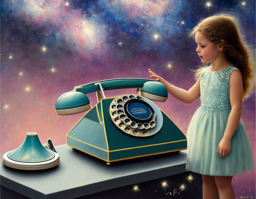 Young girl reaching vintage rotary phone under starry sky backdrop