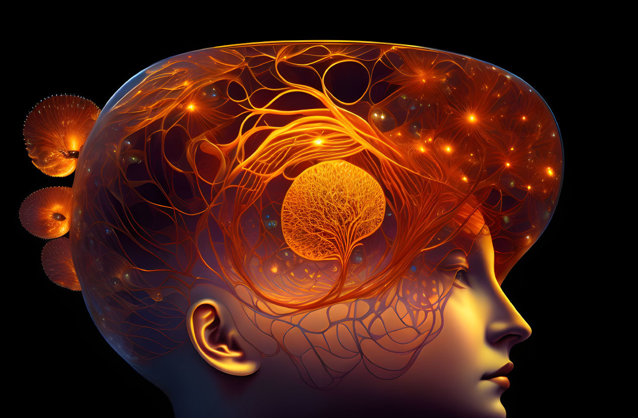 Profile view of human head with transparent skull showing orange tree-like brain network