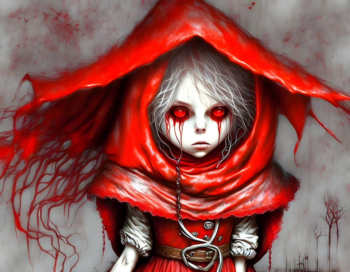 Gothic Little Red Riding Hood with pale skin and red eyes