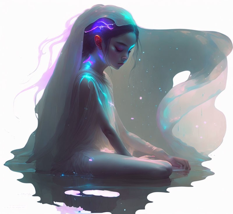 Girl with Glowing Hair in Cosmic Setting