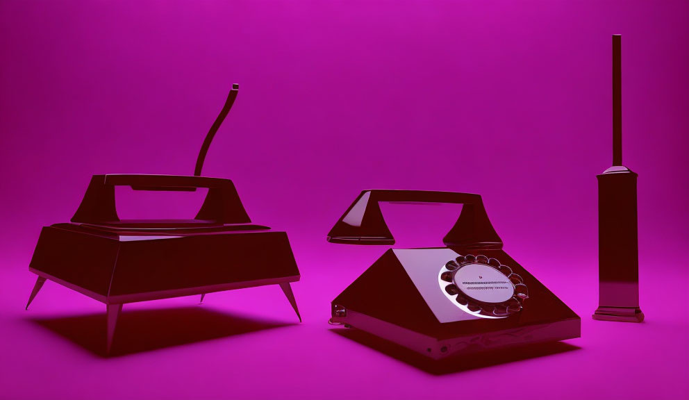 Vintage-style rotary dial telephone split in half against pink background