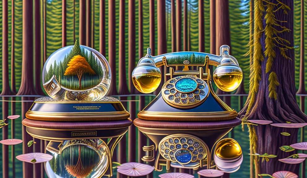 Vintage telephone and crystal ball in surreal forest setting