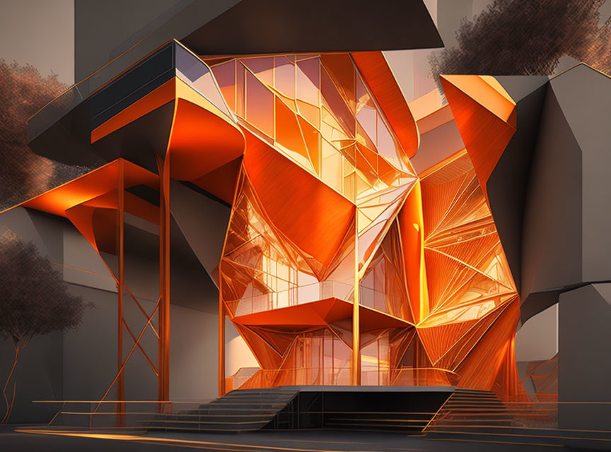 Angular Geometric Structures with Reflective Orange Glass in Modern Architecture