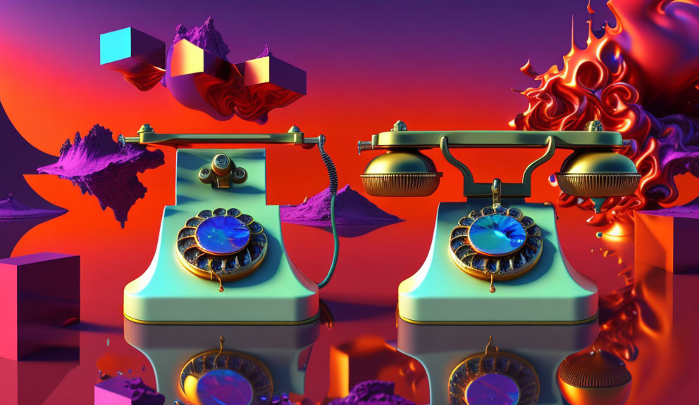 Surreal Artwork: Vintage Phones Connected by Cords Amidst Geometric Shapes