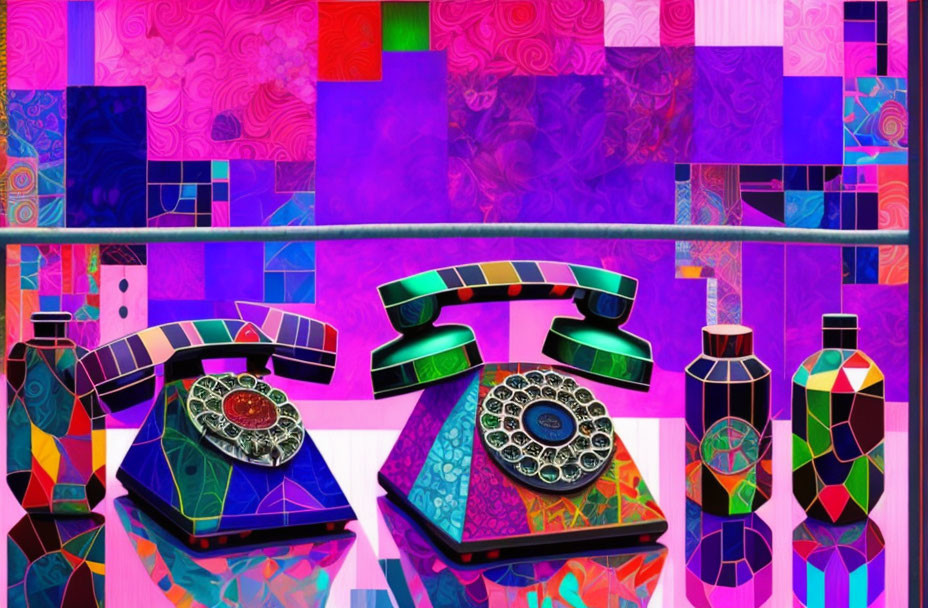 Colorful digital art: mosaic rotary telephones & ornate bottles on geometric backdrop