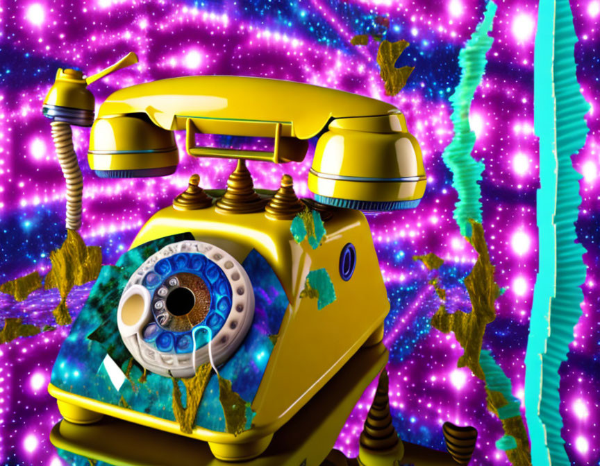 Vintage Rotary Dial Telephone with Galaxy Designs on Psychedelic Space Background