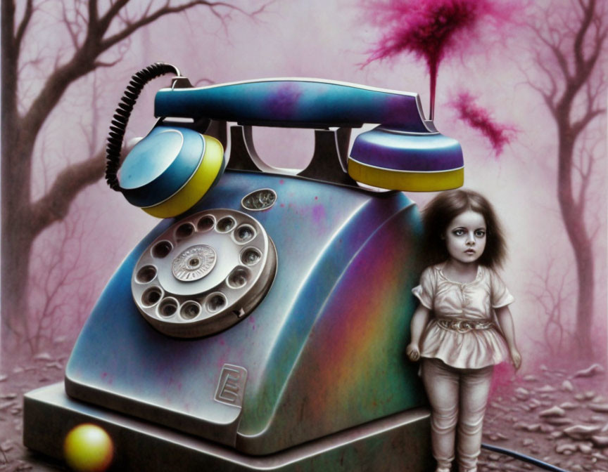 Surreal artwork: vintage telephone and girl in misty, pink-tinged setting