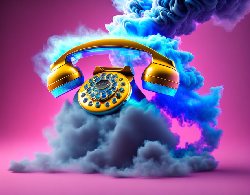 Neon-colored vintage telephone in vibrant smoke on pink backdrop